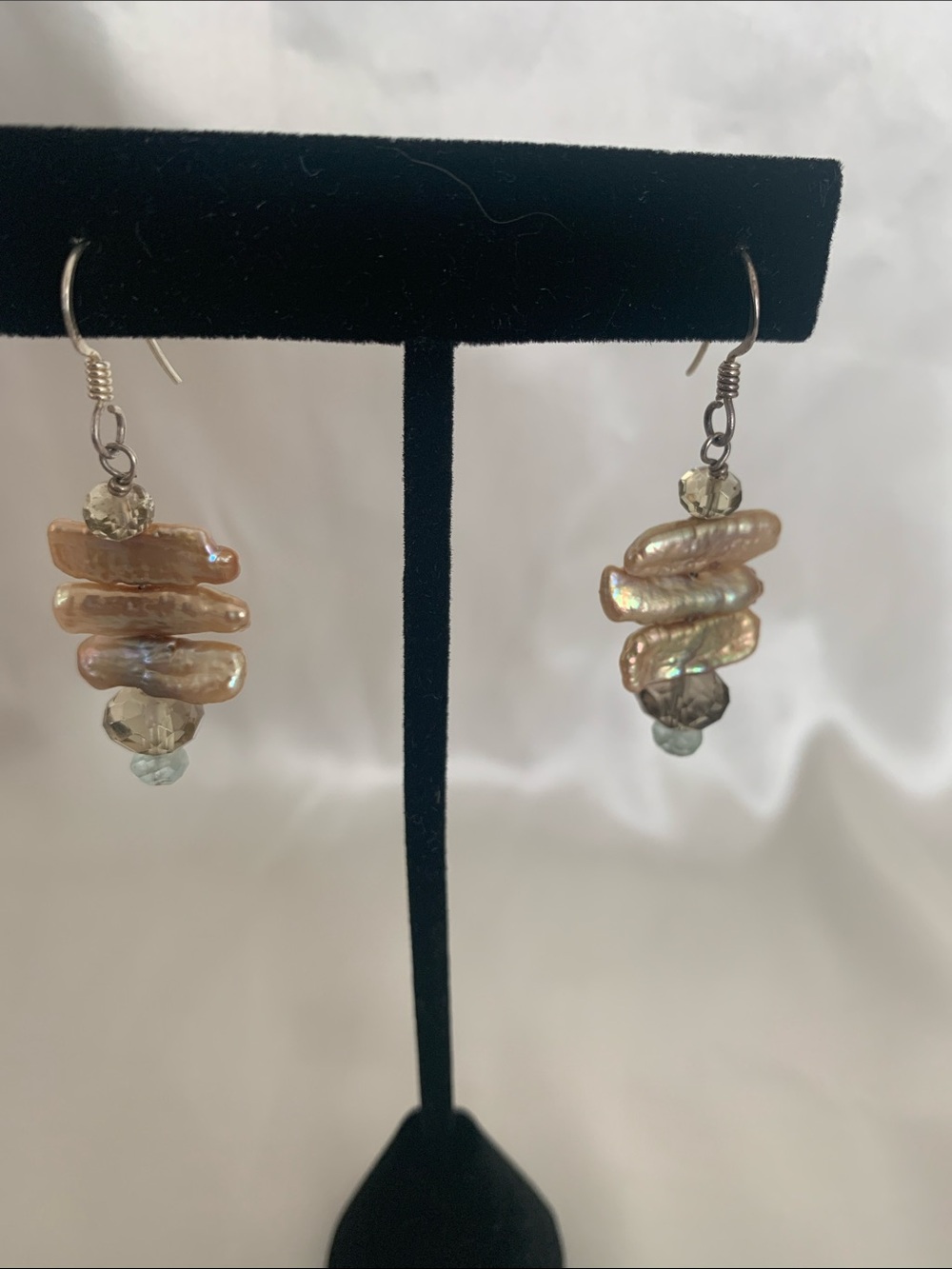 Sterling Sliver & Peach Freshwater Pearl Drop Earrings with Crystal Accents